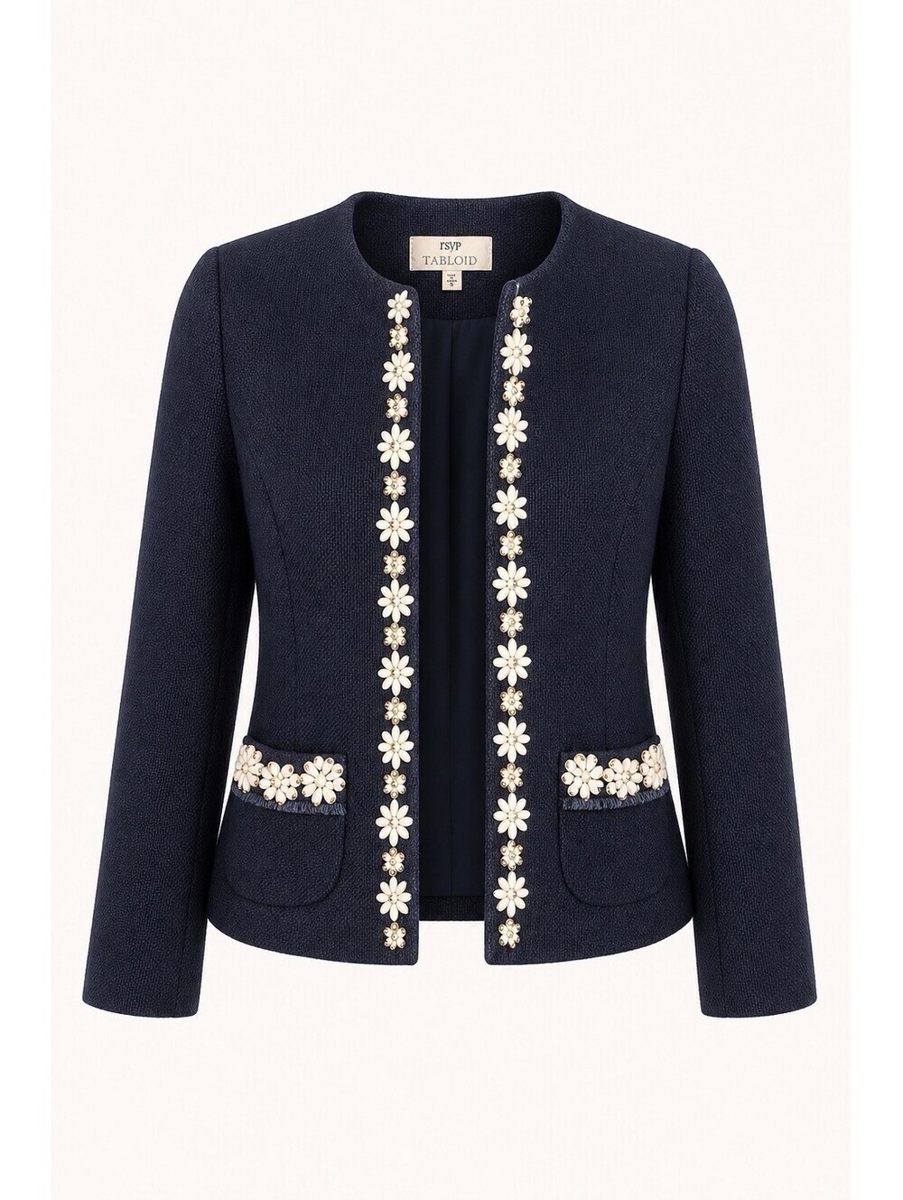 RSVP By Talbots White Hand-Beaded Navy Blazer Front Pockets 6 NWOT Office Wear